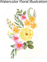 Watercolor yellow roses with pink floral vector bouquet