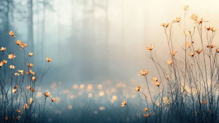 Golden flowers blooming in a blurred forest nature scene