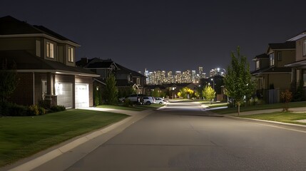 Obraz premium Darkened homes contrasting lit buildings in urban landscape, symbolizing disparity and the contrast between light and darkness in modern society