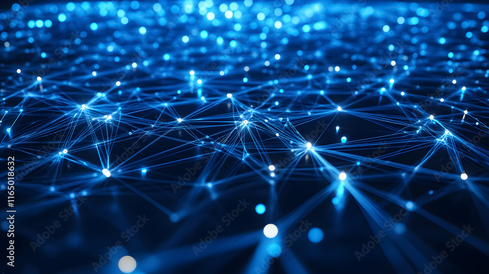Poster an abstract digital network connection is rendered in blue, showcasing modern technology.
