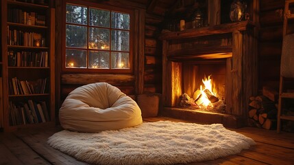 A rustic log cabin with a bean bag chair in front of a roaring fire, natural wooden walls, a soft sheepskin rug, and subtle flickering light creating a peaceful retreat, hd quality, natural charm.