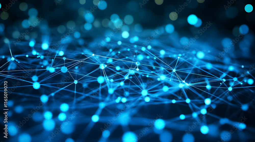 Poster an abstract digital network connection is rendered in blue, showcasing modern technology.