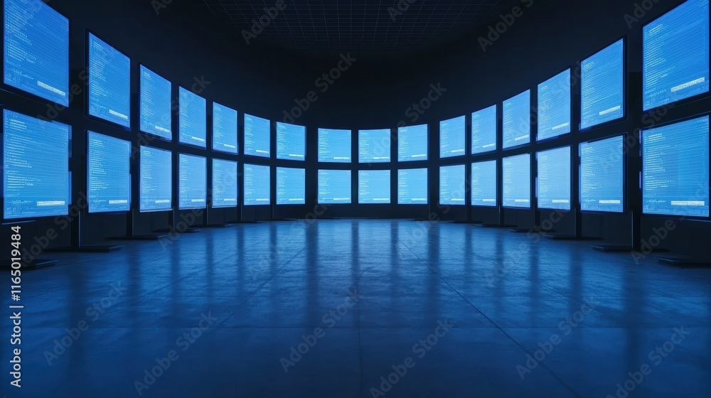 Aufkleber multiple screens showing code in a curved room: immersive digital environment