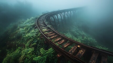 A curved iron track disappearing into a dense fog surrounded by damp greenery evoking a sense of adventure 