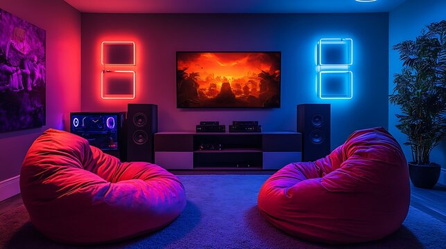 A sleek gaming lounge featuring a pair of matching bean bag chairs in front of a wall-mounted TV, glowing neon accents on the walls, a clean and organized console area, and soft carpeted flooring,