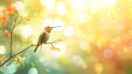 Obraz premium Hummingbird Perched on Branch in Springtime Sunlight