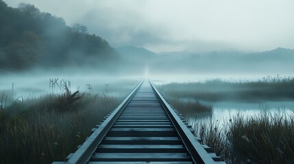 A fog-shrouded pathway of metal rails extending through a tranquil landscape symbolizing an enigmatic journey 