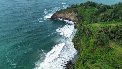 Aerial drone view of coastline with hills and trees, as well as view of coral cliffs and sea with...