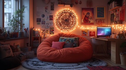 A snug dorm room with a bean bag chair surrounded by twinkling fairy lights, colorful posters on the wall, a small cozy rug, and a neatly arranged study desk creating a functional yet stylish space,