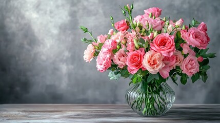 Pink roses in a glass vase on a wooden table