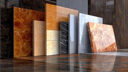 A showroom shelf with large-format tiles in glossy and matte finishes, displayed for a modern interior design theme."