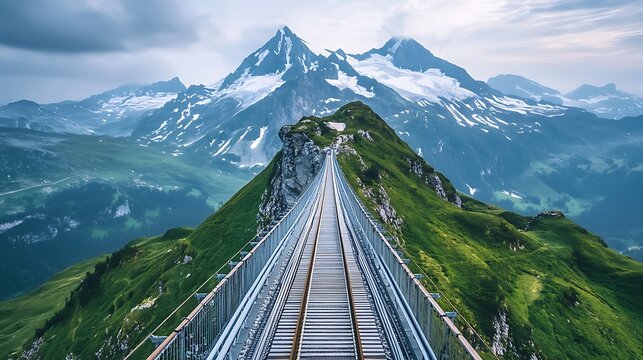 A panoramic view of a railway bridge connecting two peaks symbolizing the crossing of nature and technology 