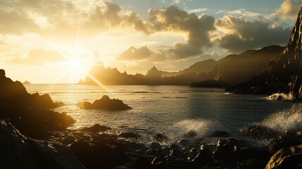 Obraz premium Serene Coastal Sunset with Rocky Shoreline and Golden Sky