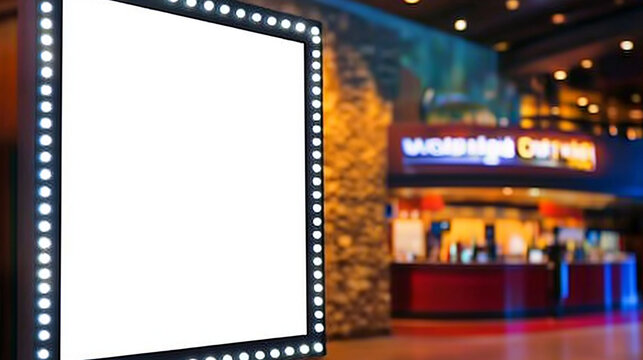 blank showcase billboard or advertising light box for your text message or media content with blurred image of ticket sales counter at movie theater, advertisement, marketing, entertainment concept