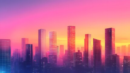 Fototapeta premium Vibrant City Skyline at Sunset Glowing Buildings