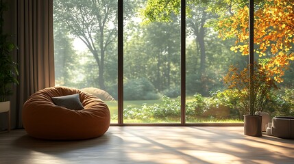 A spacious modern room with a round bean bag chair next to a large window overlooking lush greenery, warm sunlight casting subtle patterns on the floor, and clean, contemporary decor, hd quality,