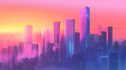Vibrant City Skyline at Sunset Glowing with Neon Hues