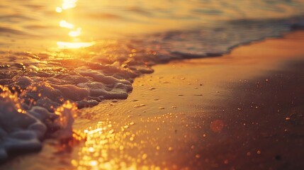 Closeup seaside sand reflecting orange and golden sunset skies, panoramic beach horizon, calm tropical seascape with tranquil summer vibes for relaxing holiday travel