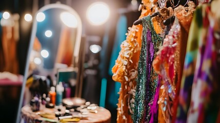 Fototapeta premium Backstage dressing room filled with colorful costumes and props, symbolizing creativity, preparation, and the magic of transformation in performing arts