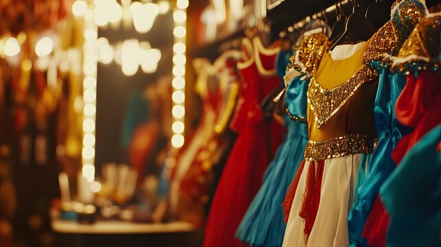 Backstage dressing room filled with colorful costumes and props, symbolizing creativity, preparation, and the magic of transformation in performing arts