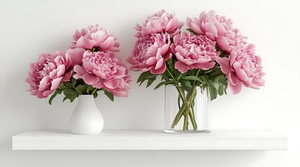 White frame mockup with peony flowers in glass vase on white wall
