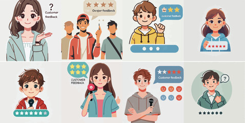 Vector set of a teenager asking for customer feedback in a simple flat design style