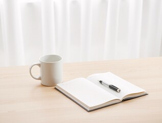 A wooden desk with a white mug, a notebook, a pen. The notebook is open and the pen is resting on top of it