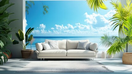 Serene Coastal Living Room: Tranquil Ocean View from a Luxurious Sofa