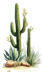 Stunning Desert Landscape with Cacti and Flowers - A Vibrant Botanical Illustration