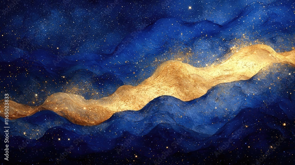 Poster Starry abstract background idea. Beautiful abstract representation of a cosmic landscape with golden waves and blue space.
