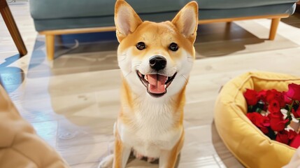 A cheerful Shiba Inu sitting on a floor, surrounded by a cozy indoor environment.