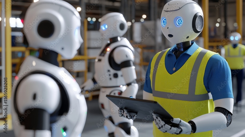 Poster industrial robots teamwork ai automation future tech