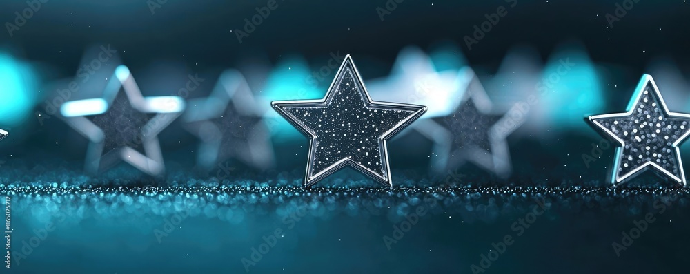 Poster starry abstract background idea. close-up of decorative silver stars on a shimmering background, per