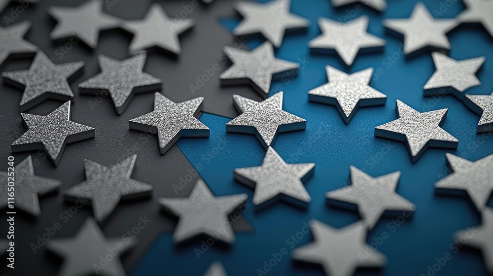 Poster starry abstract background idea. a close-up of decorative silver stars on a vibrant blue background,