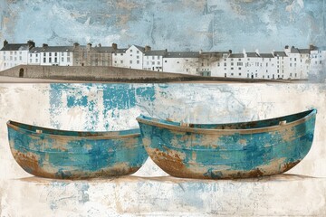 Fototapeta premium Boats on the shore coastal town art piece tranquil scene wide angle maritime serenity