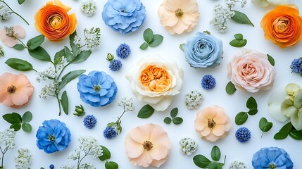 Flat lay of colorful flowers and green leaves arranged on white background.