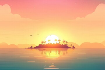 Obraz premium Sunset over tropical island ocean landscape nature serene environment scenic viewpoint tranquility and beauty