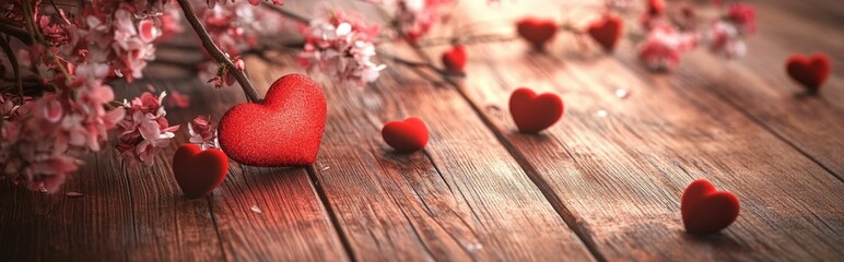 Fototapeta premium A romantic scene with red hearts and pink flowers on a wooden surface.