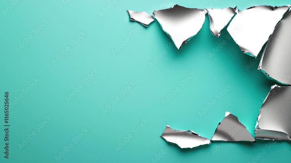 Poster Torn abstract background concept. An abstract image of torn metal on a vibrant turquoise background.