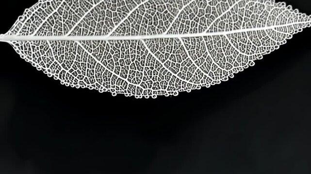 Delicate structure of a leaf skeleton detailed against a dark background illustrating nature's complexity