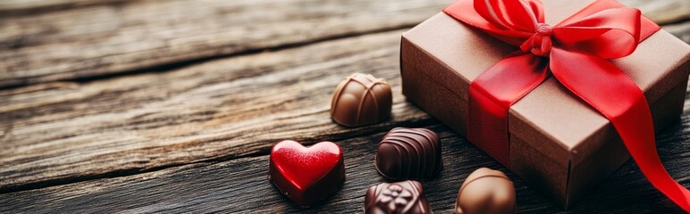 A gift box with a red ribbon and assorted chocolates on a rustic wooden surface.