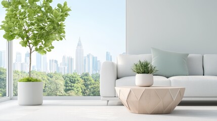 A sun drenched living room featuring a plush sectional sofa, a geometric coffee table, and large windows showcasing a breathtaking city skyline.