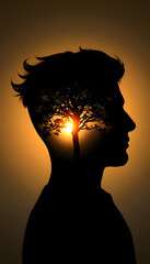 Inner Peace: Mindful Sunset Silhouette. A man's silhouette at sunset with a tree and sun inside his head, symbolizing peace, mindfulness, and nature