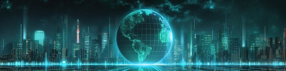 Naklejka premium A futuristic cityscape with a glowing globe, featuring digital elements and vibrant colors, representing technology and global connectivity.Environmental protection, sustainable development, clean ene