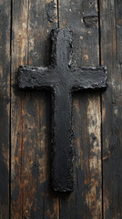 Black Cross on Rustic Wooden Background Religious Symbol Faith Spirituality Grunge Texture