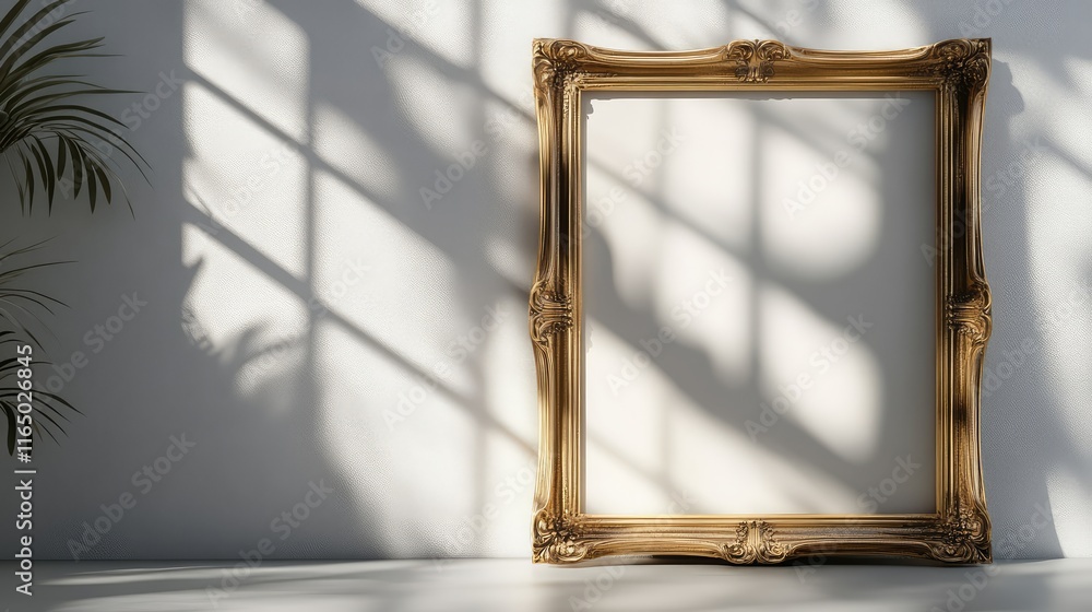 Poster an ornate wooden frame resting against a light gray wall with ample empty space around it for creati