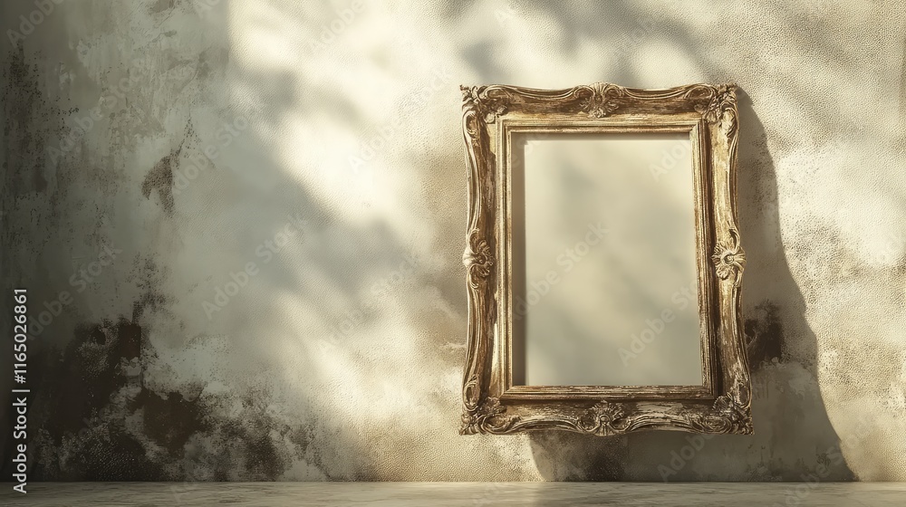 Poster an ornate wooden frame resting against a light gray wall with ample empty space around it for creati