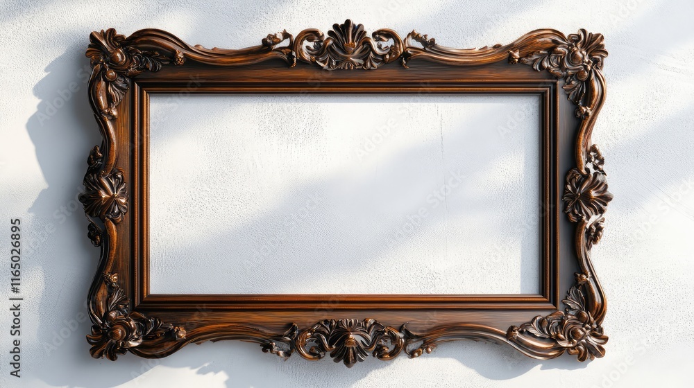 Poster an ornate wooden frame resting against a light gray wall with ample empty space around it for creati