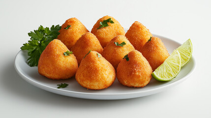 Plate of crispy coxinhas with parsley and lime on white background
