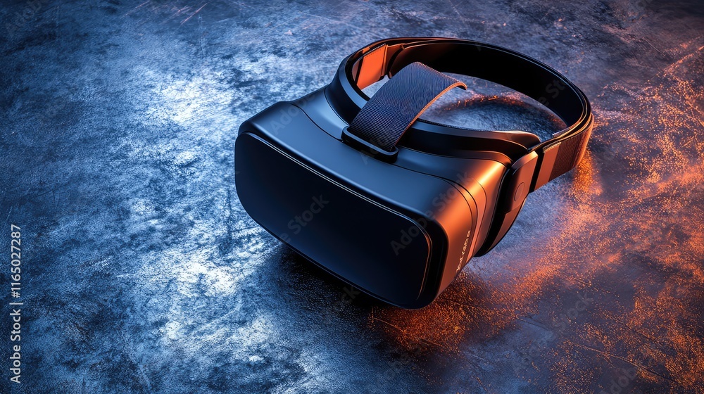 Fototapete a black vr headset displayed on a metallic surface with dramatic lighting. ample empty space for bra